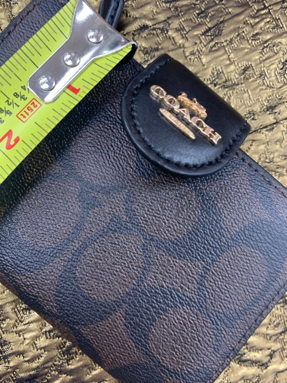 Coach Men's Brown and Black Signature Card Holder Wallet with Gold Logo